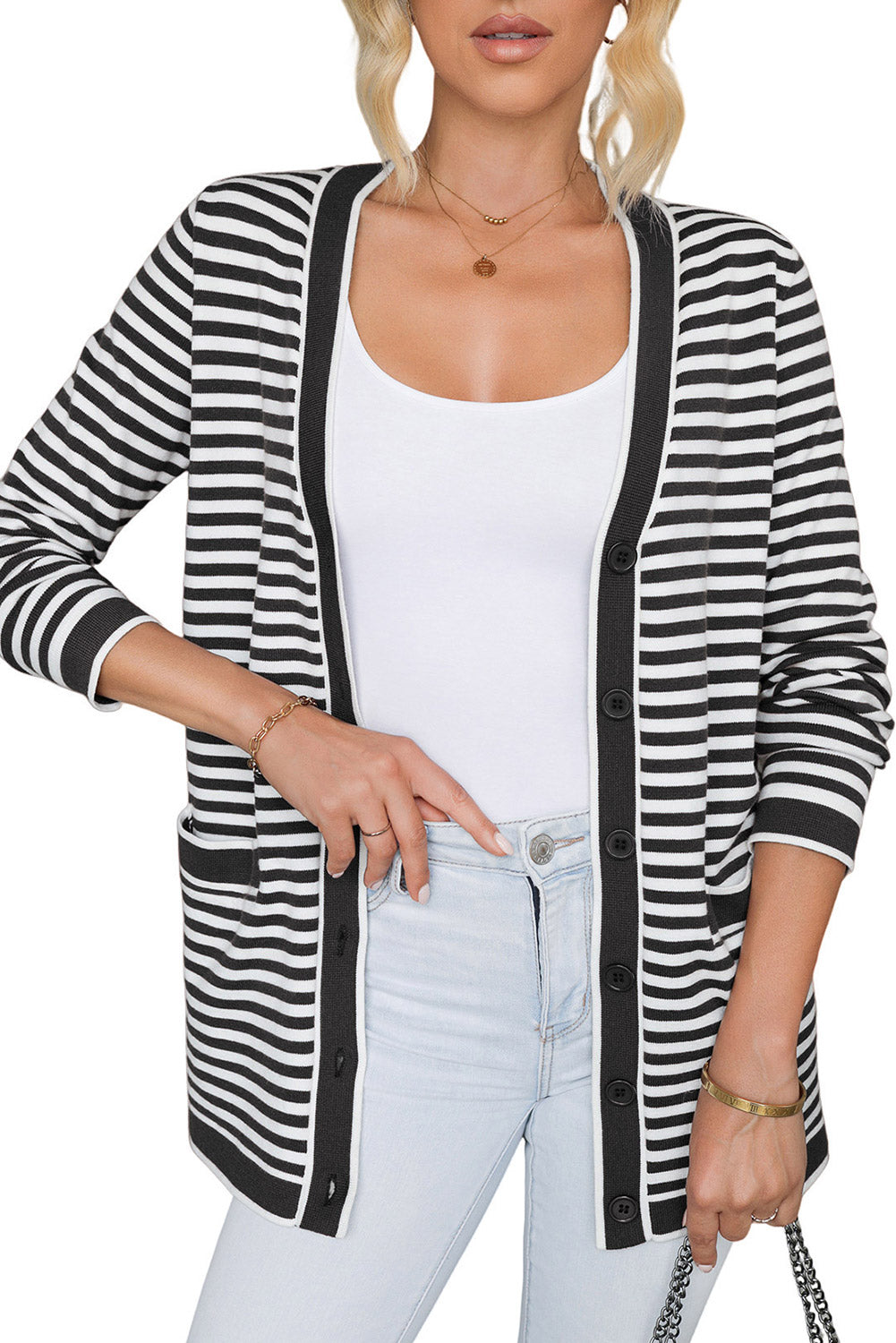 Striped Long Sleeve Open Front Cardigan