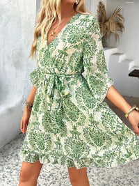 Devine Printed Surplice Ruffled 3/4 Sleeve Mini Dress