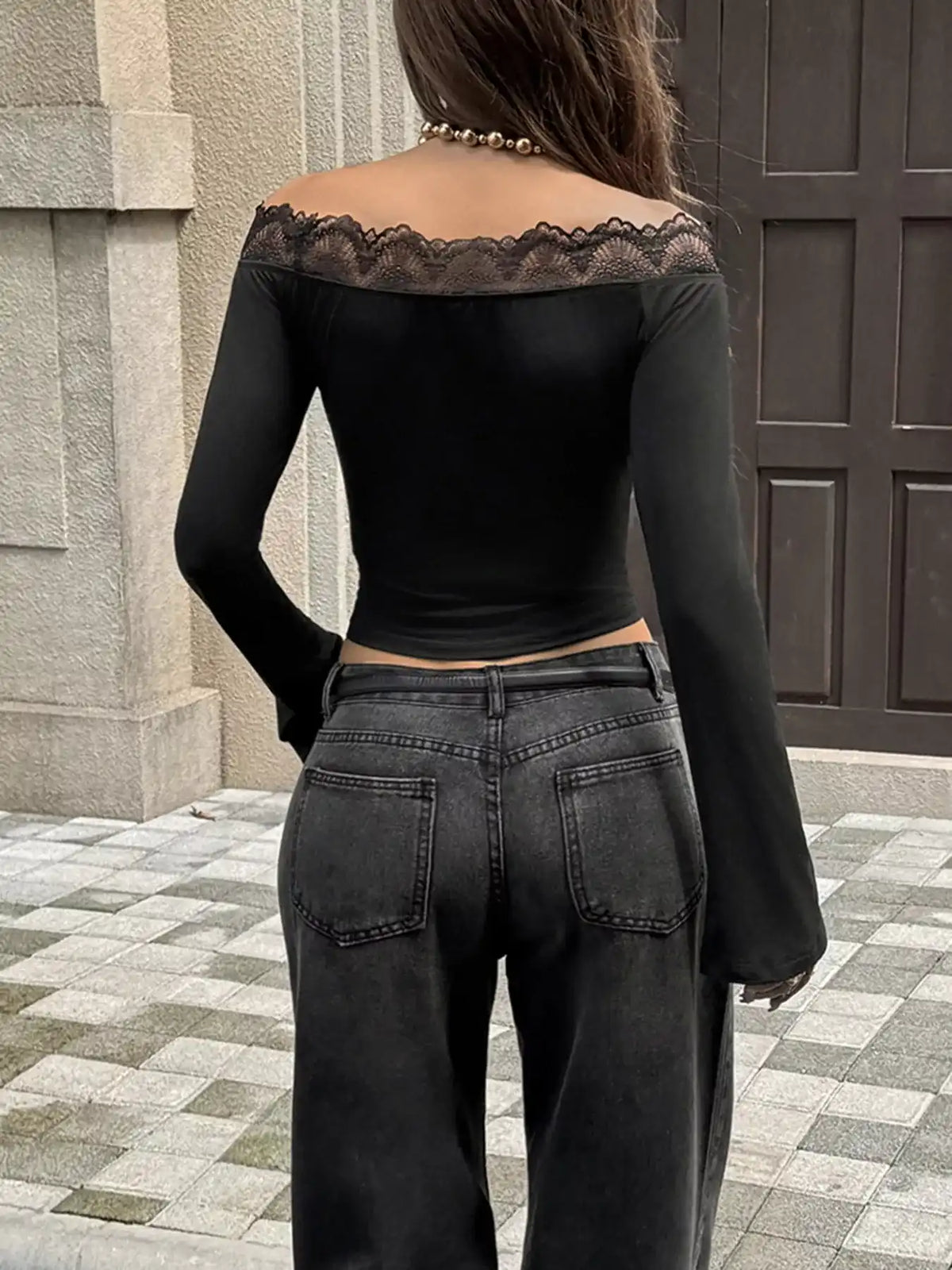 Off-Shoulder Lace Trim Long Sleeve T-Shirt 101001817715532 36 Affordable Fashion Under $100 Jerry's Apparel 