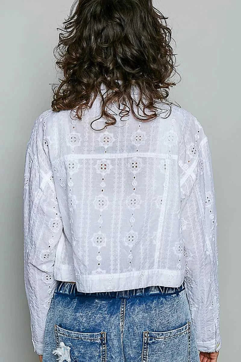 POL Eyelet Textured Cotton Cropped Button Front Jacket 100100580841554 66 Affordable Fashion Under $100 Jerry's Apparel 