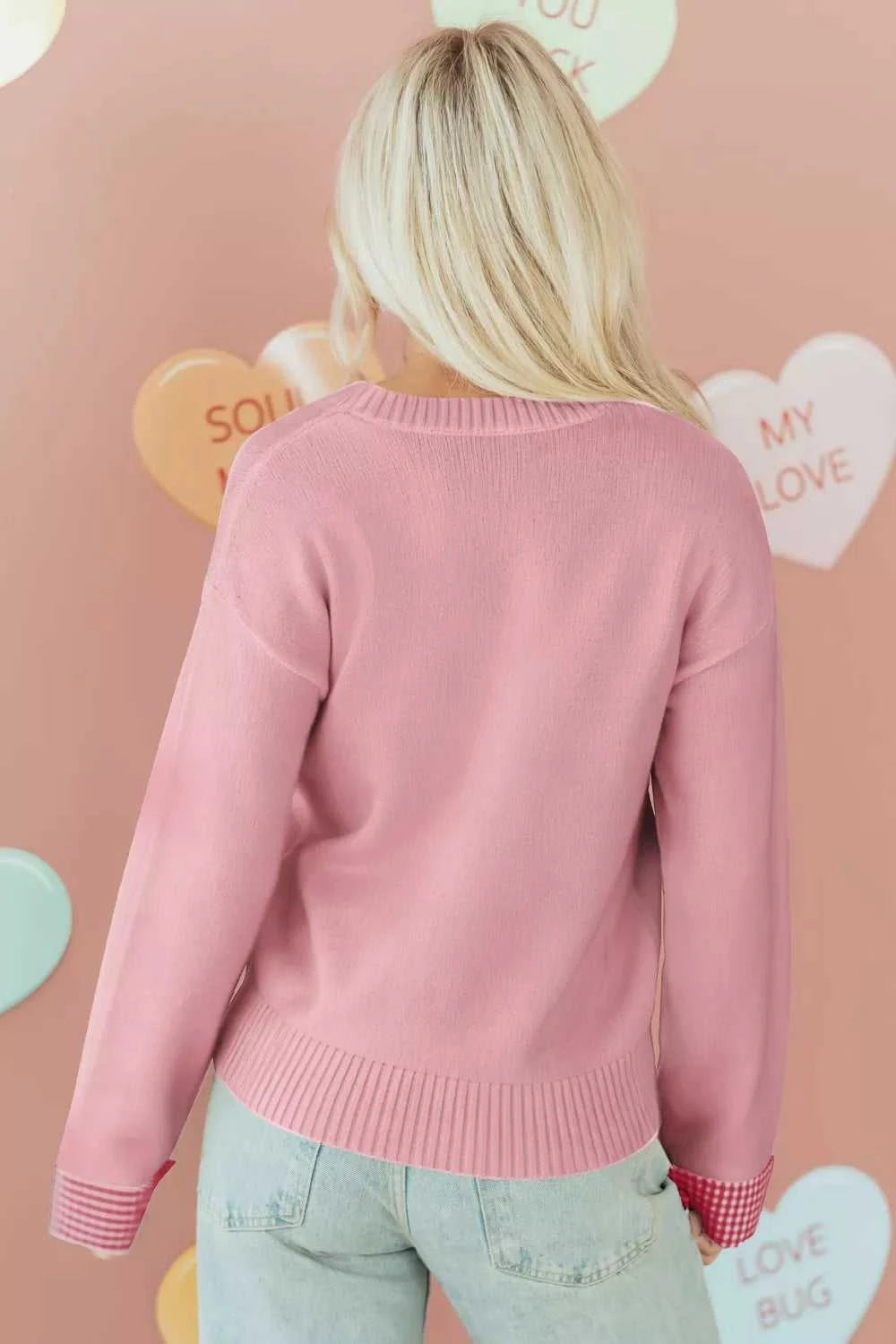 Plaid Heart Embroidered Cuffed Drop Shoulder Crew Neck Sweater 100100906455941 57 Women's Sweaters and Knitwear Jerry's Apparel 