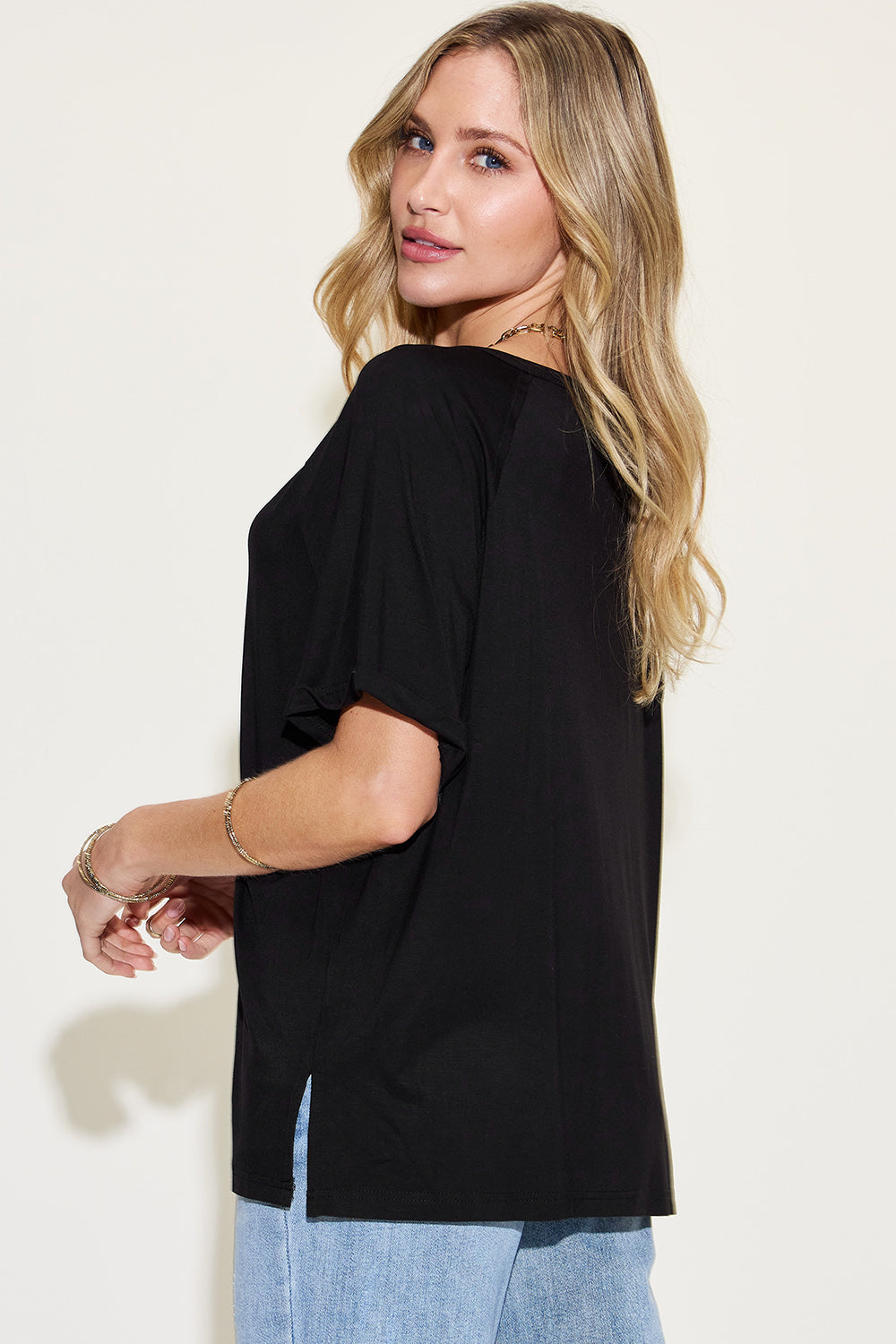 Full Size Bamboo Slit V-Neck Short Sleeve T-Shirt