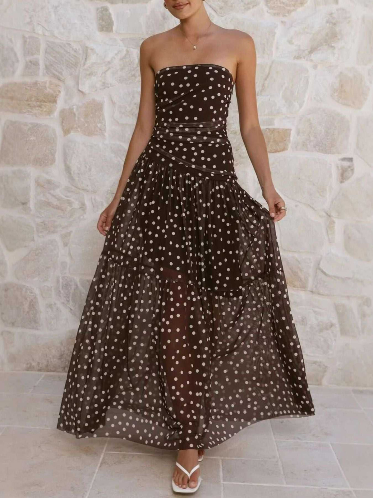 Polka Dot Strapless Ruched Maxi Dress 100100889786131 50 Affordable Fashion Under $100 Jerry's Apparel 