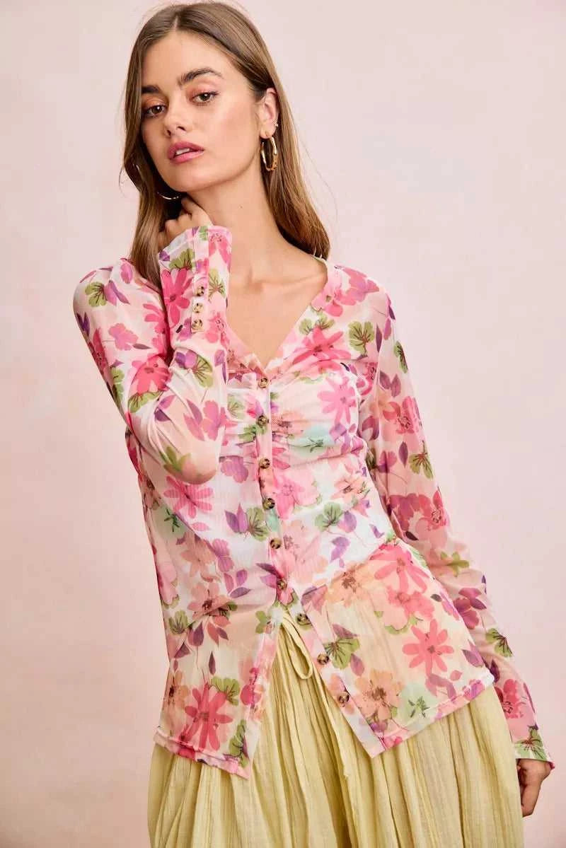 BiBi Floral Shrried Detail Button Up Mesh Cardigan Top 100100970651175 39 Gifts for Her Jerry's Apparel 