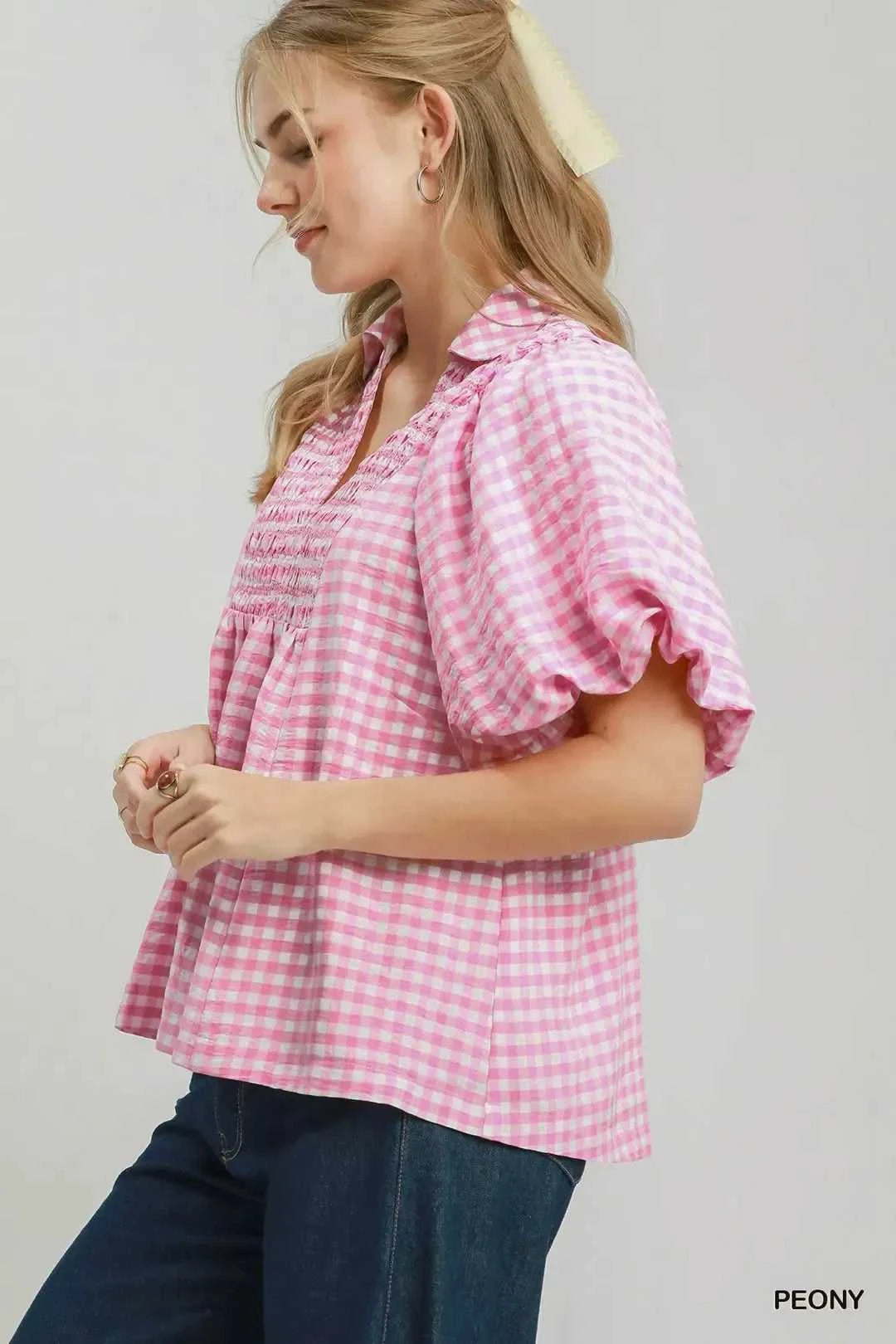 Umgee Smocked Yoke Puff Sleeve Gingham Blouse 100100978611641 53 Affordable Fashion Under $100 Jerry's Apparel 