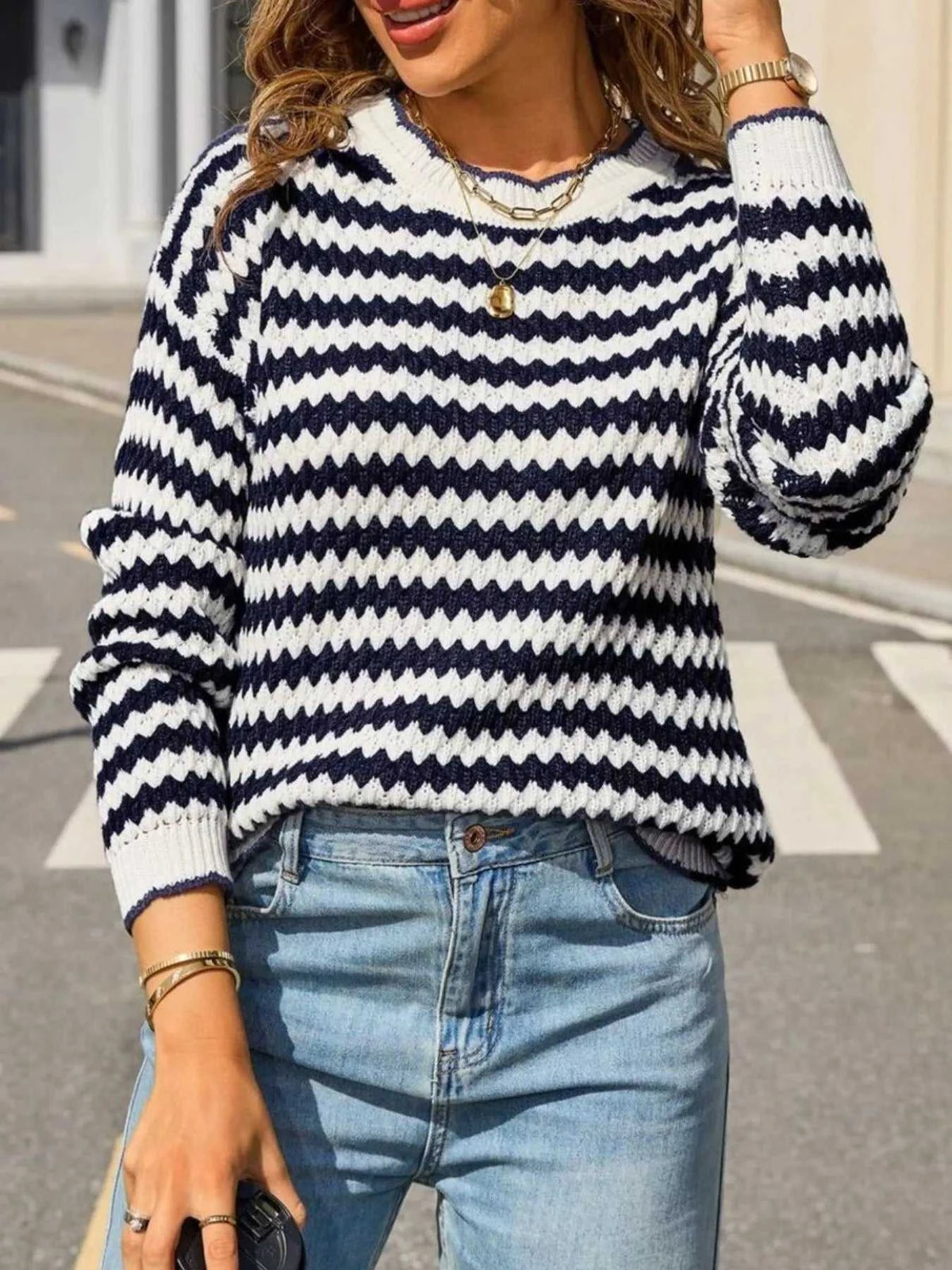 Striped Zigzag Knit Round Neck Sweater 100100461154218 44 Affordable Fashion Under $100 Jerry's Apparel 