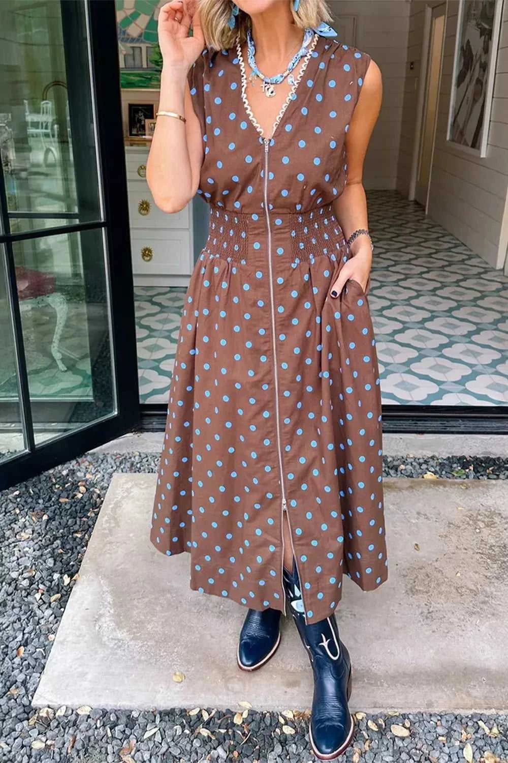 Polka Dot Zipper Front Midi Dress 100100529252916 67 Gifts for Her Jerry's Apparel 