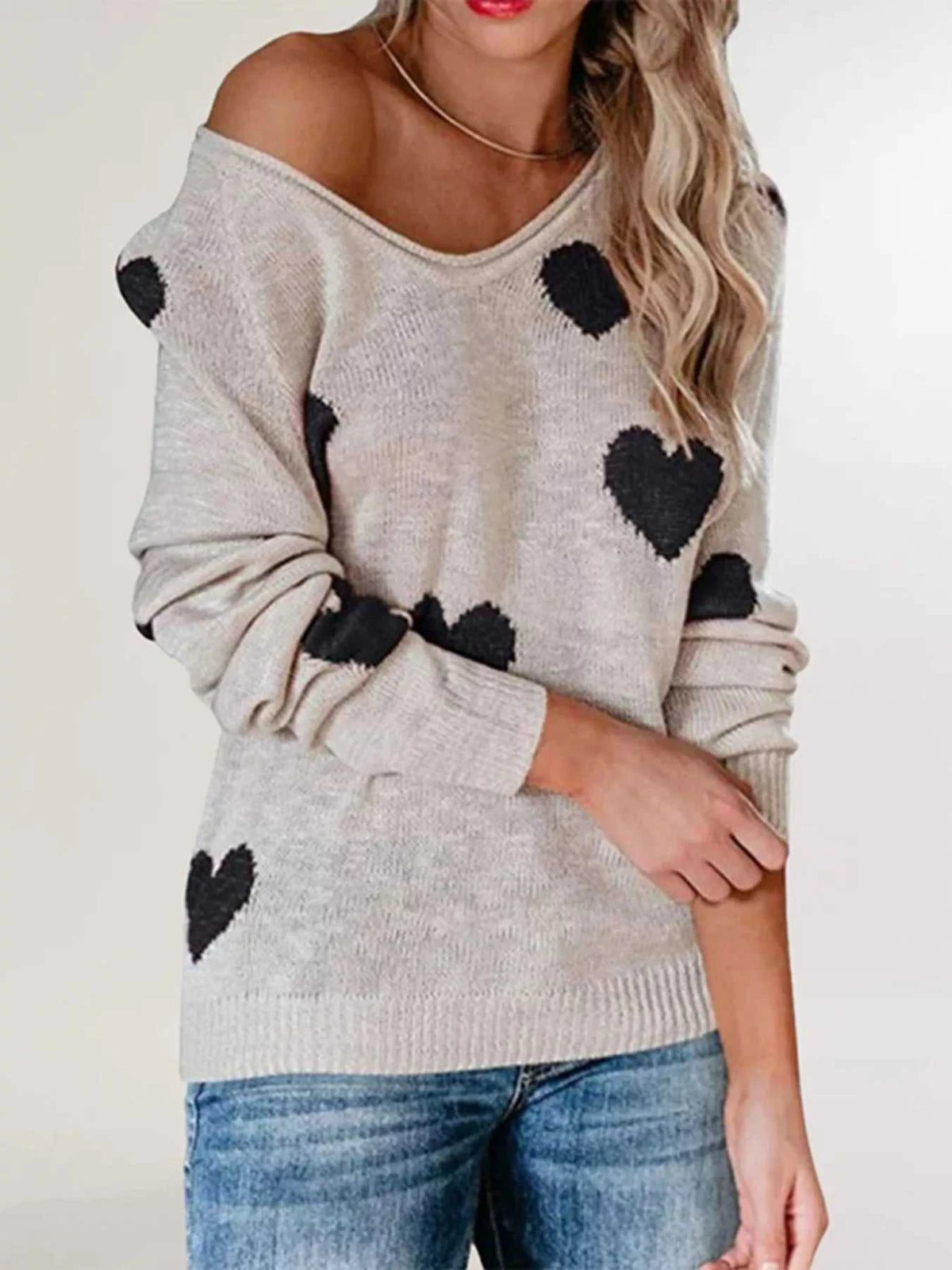 Heart Pattern V-Neck Sweater 100100504780005 48 Affordable Fashion Under $100 Jerry's Apparel 