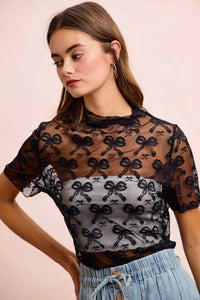 BiBi High Neckline Short Sleeves Bow Pattern Mesh Top 100100247341632 30 Affordable Fashion Under $100 Jerry's Apparel 