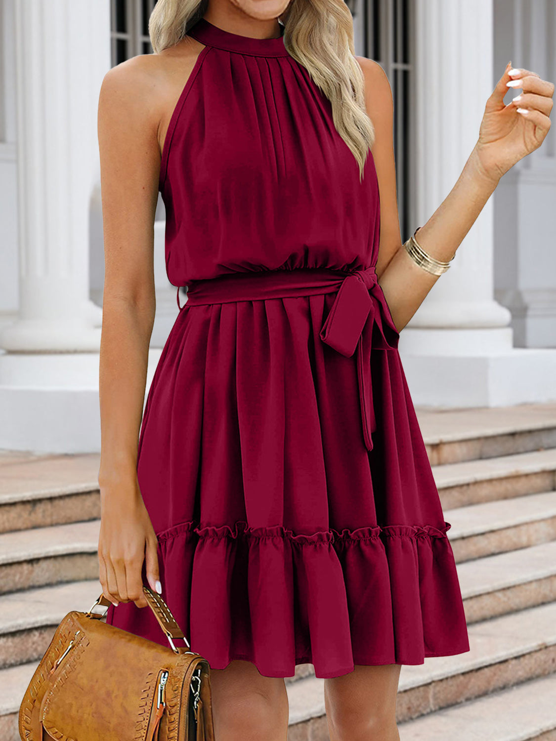 Frill Grecian Neck Tie Waist Mini Dress