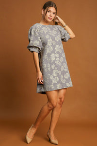 Umgee Floral Jacquard Puff Sleeve Mini Dress