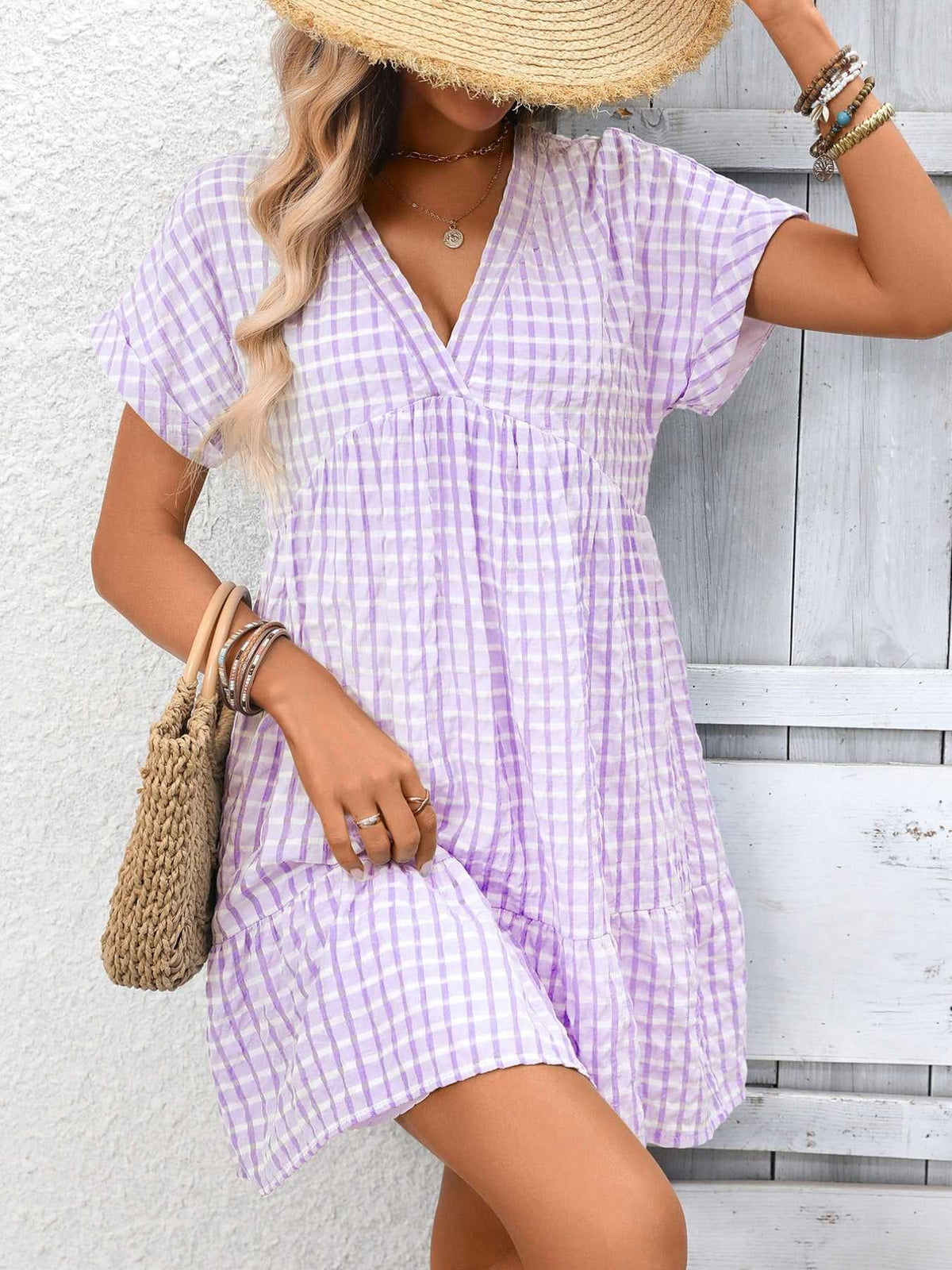 Plaid V-Neck Ruffle Hem Mini Dress 100100856082882 43 Affordable Fashion Under $100 Jerry's Apparel 