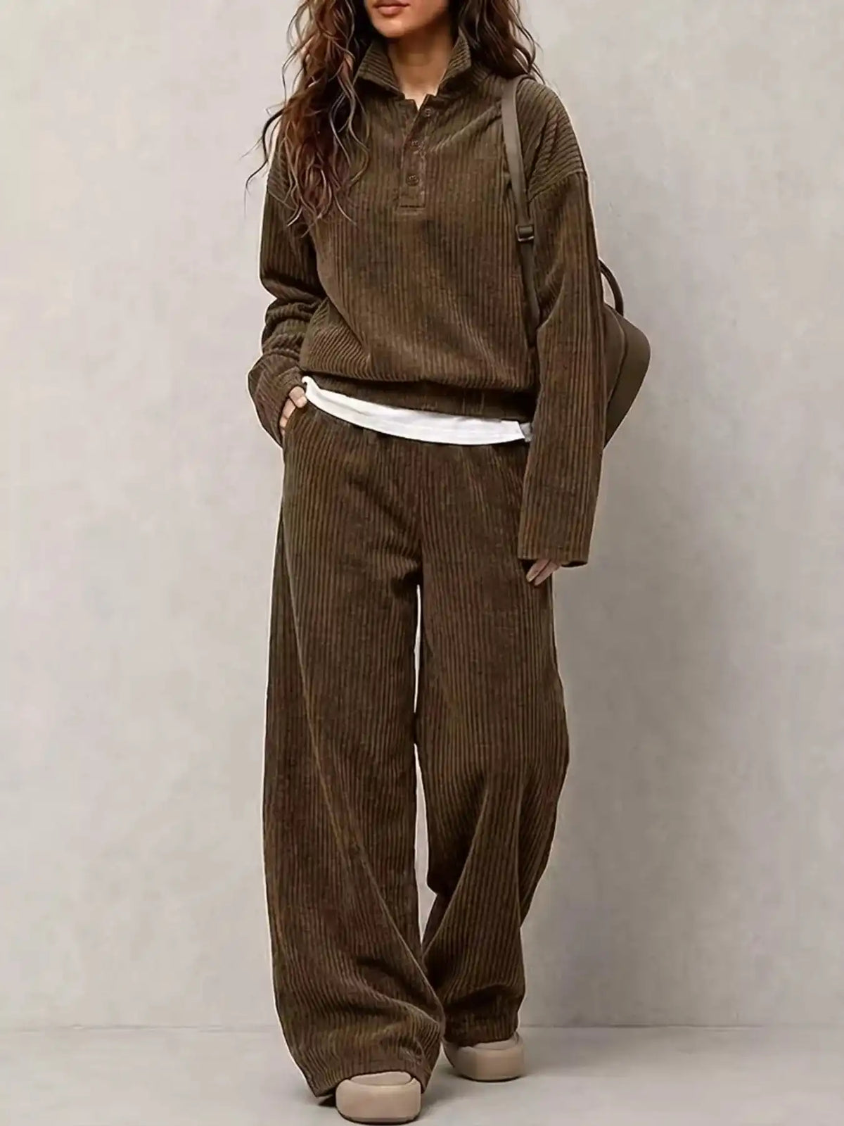 Corduroy Button Detail Top and Wide-Leg Pants Set 101001305640558 63 Affordable Fashion Under $100 Jerry's Apparel 