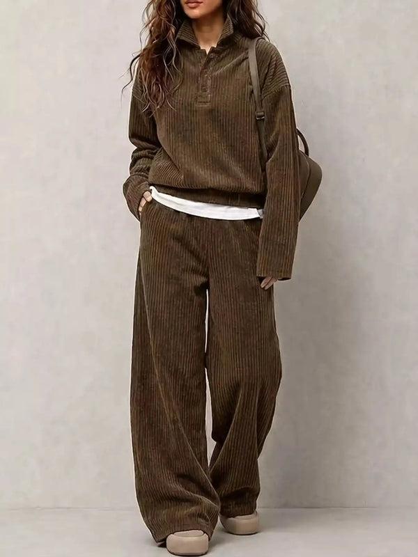 Corduroy Button Detail Top and Wide-Leg Pants Set 101001305640558 63 Affordable Fashion Under $100 Jerry's Apparel 