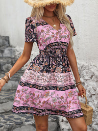 Perfee Printed V-Neck Short Sleeve Mini Dress