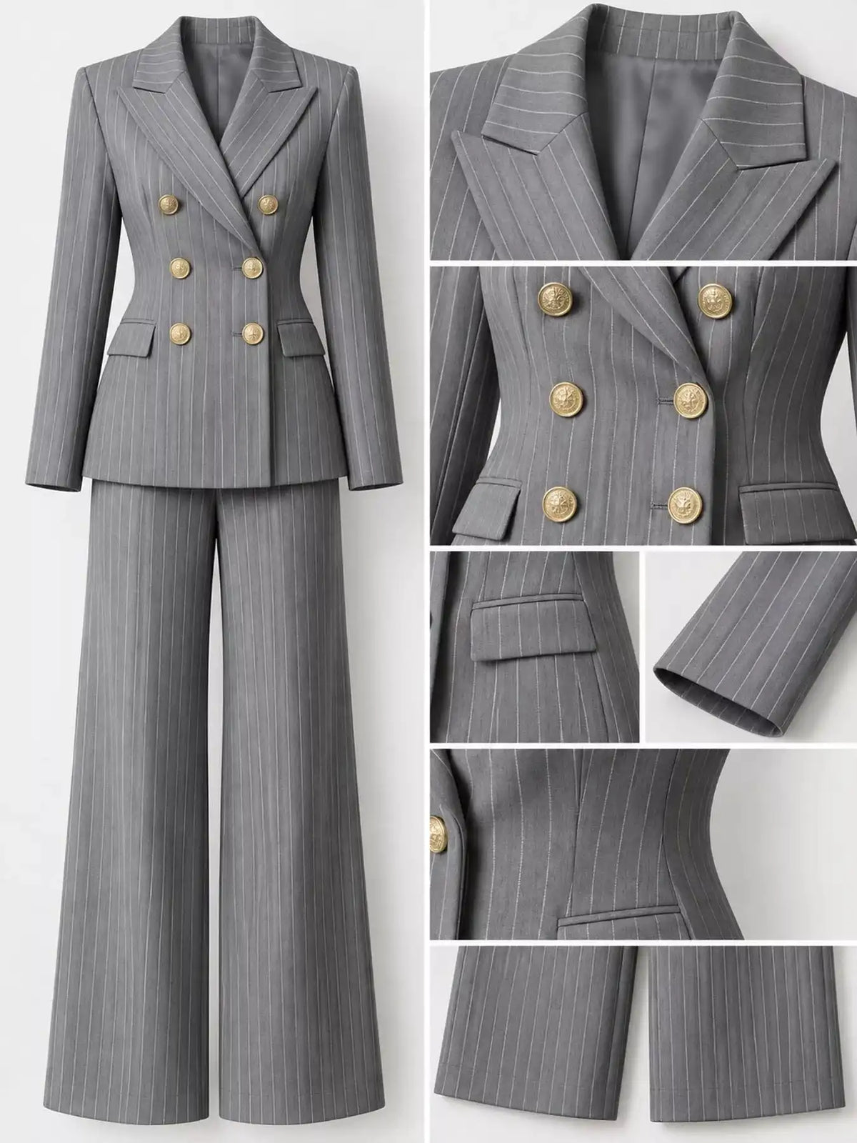 Double-Breasted Pinstripe Blazer and Wide-Leg Pants Set 101001905010997 103 Gifts for Her Jerry's Apparel 