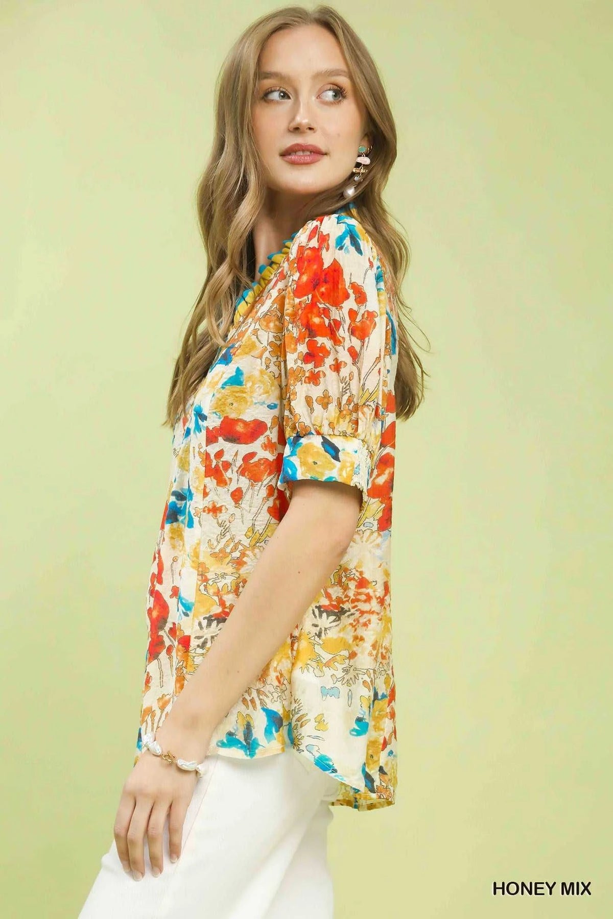 Umgee Floral Contrast Pleat Neck Top 100100333121191 47 Affordable Fashion Under $100 Jerry's Apparel 
