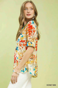 Umgee Floral Contrast Pleat Neck Top 100100333121191 47 Affordable Fashion Under $100 Jerry's Apparel 