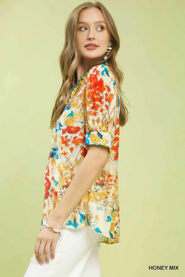 Umgee Floral Contrast Pleat Neck Top 100100333121191 47 Affordable Fashion Under $100 Jerry's Apparel 
