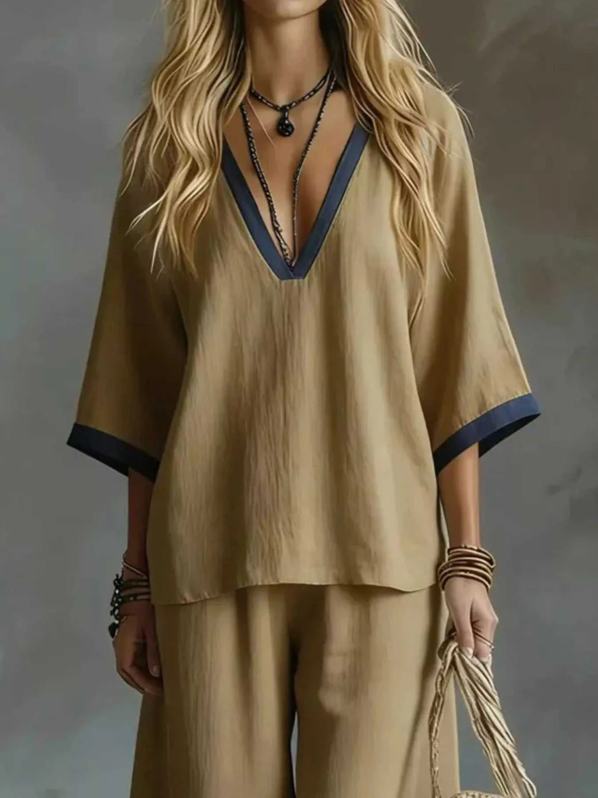 Full Size Contrast Trim V-Neck Top and Pants Set Plus Size 101001935032552 40 Affordable Fashion Under $100 Jerry's Apparel 