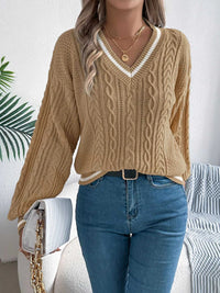 V-Neck Cable Knit Sweater with Striped Trim 101002502315459 35 Affordable Fashion Under $100 Jerry's Apparel 