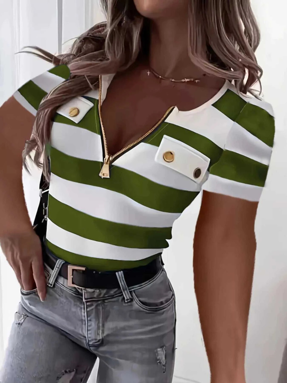 Striped Zipper Front Short Sleeve T-Shirt 101001087832708 28 Affordable Fashion Under $100 Jerry's Apparel 