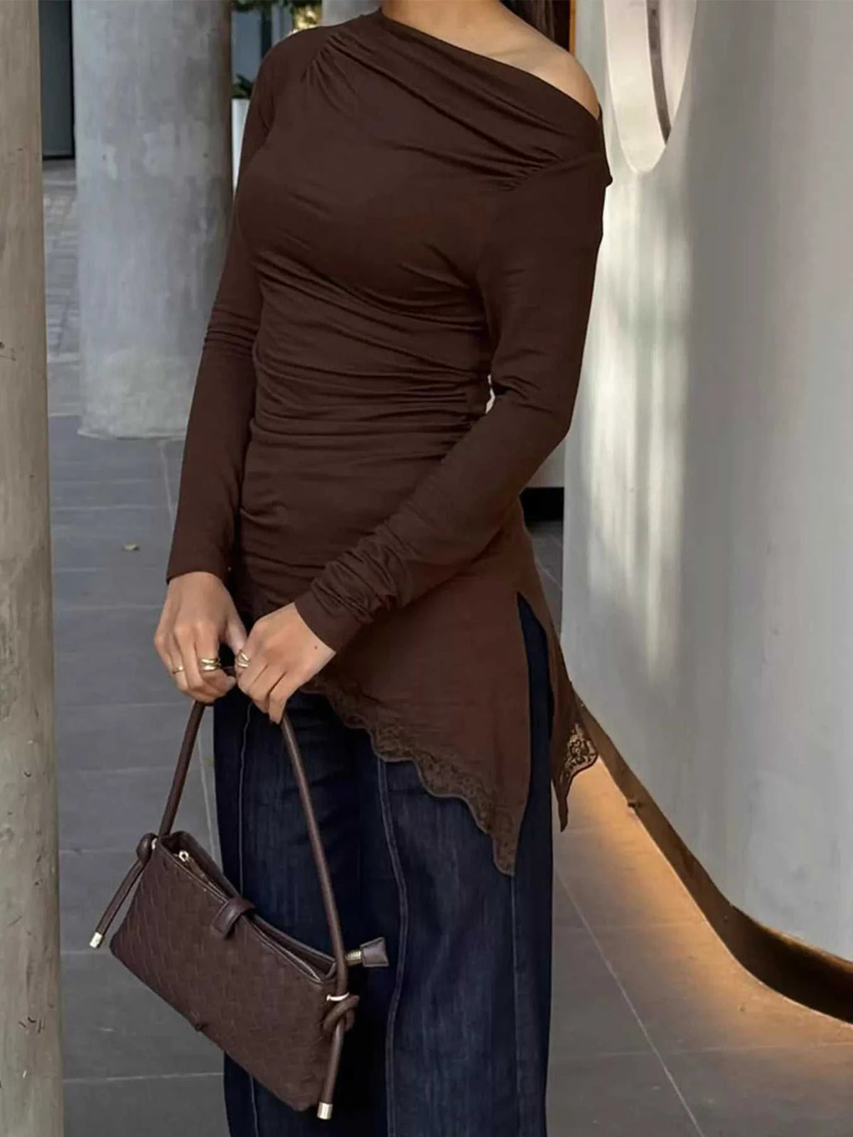 Asymmetrical One-Shoulder Ruched T-Shirt with Lace Trim 100100076441475 32 Affordable Fashion Under $100 Jerry's Apparel 