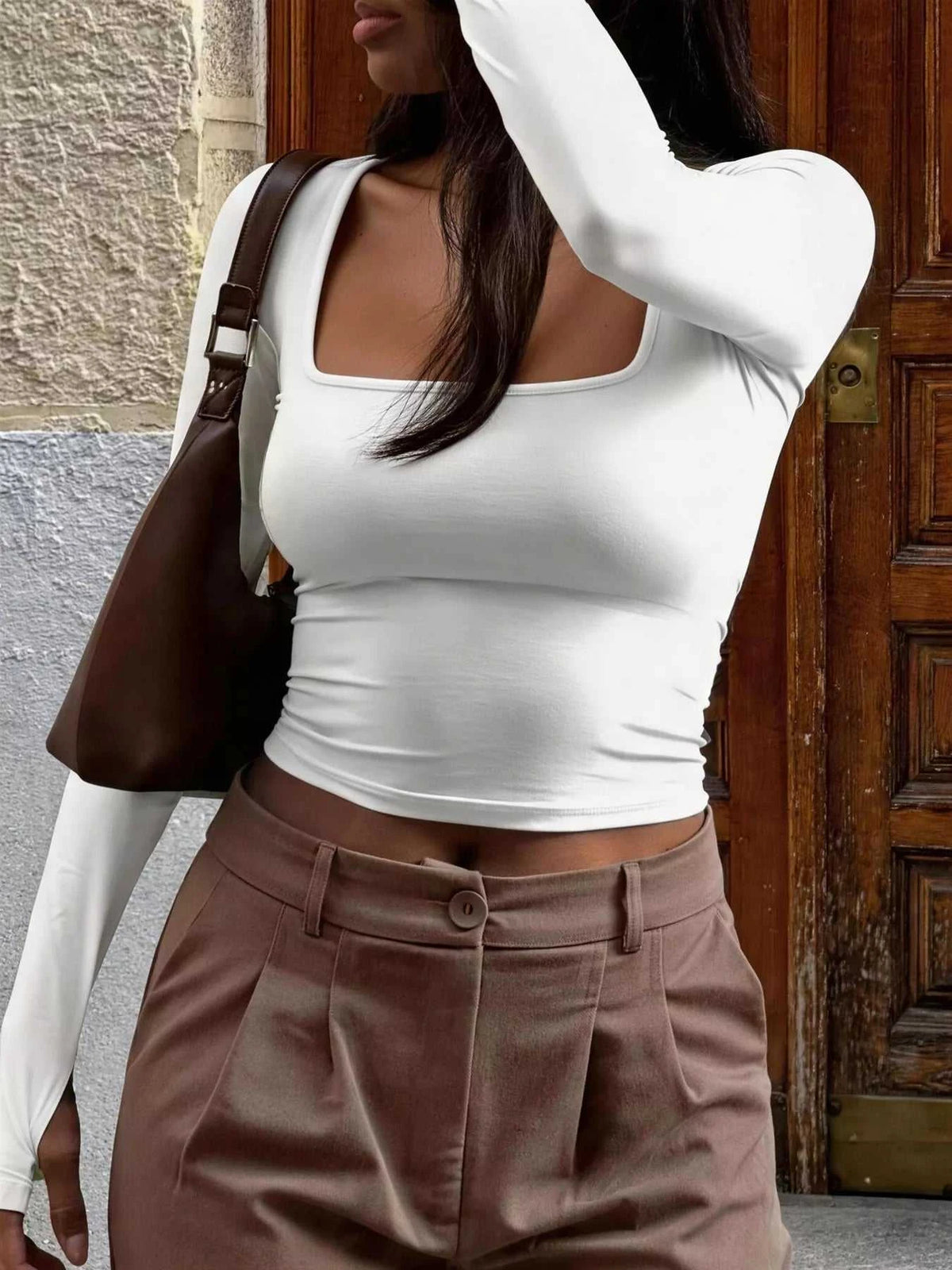 Square Neck Long Sleeve Cropped T-Shirt 100100109502334 20 Jerry's Apparel 