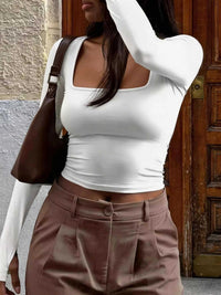 Square Neck Long Sleeve Cropped T-Shirt 100100109502334 20 Jerry's Apparel 