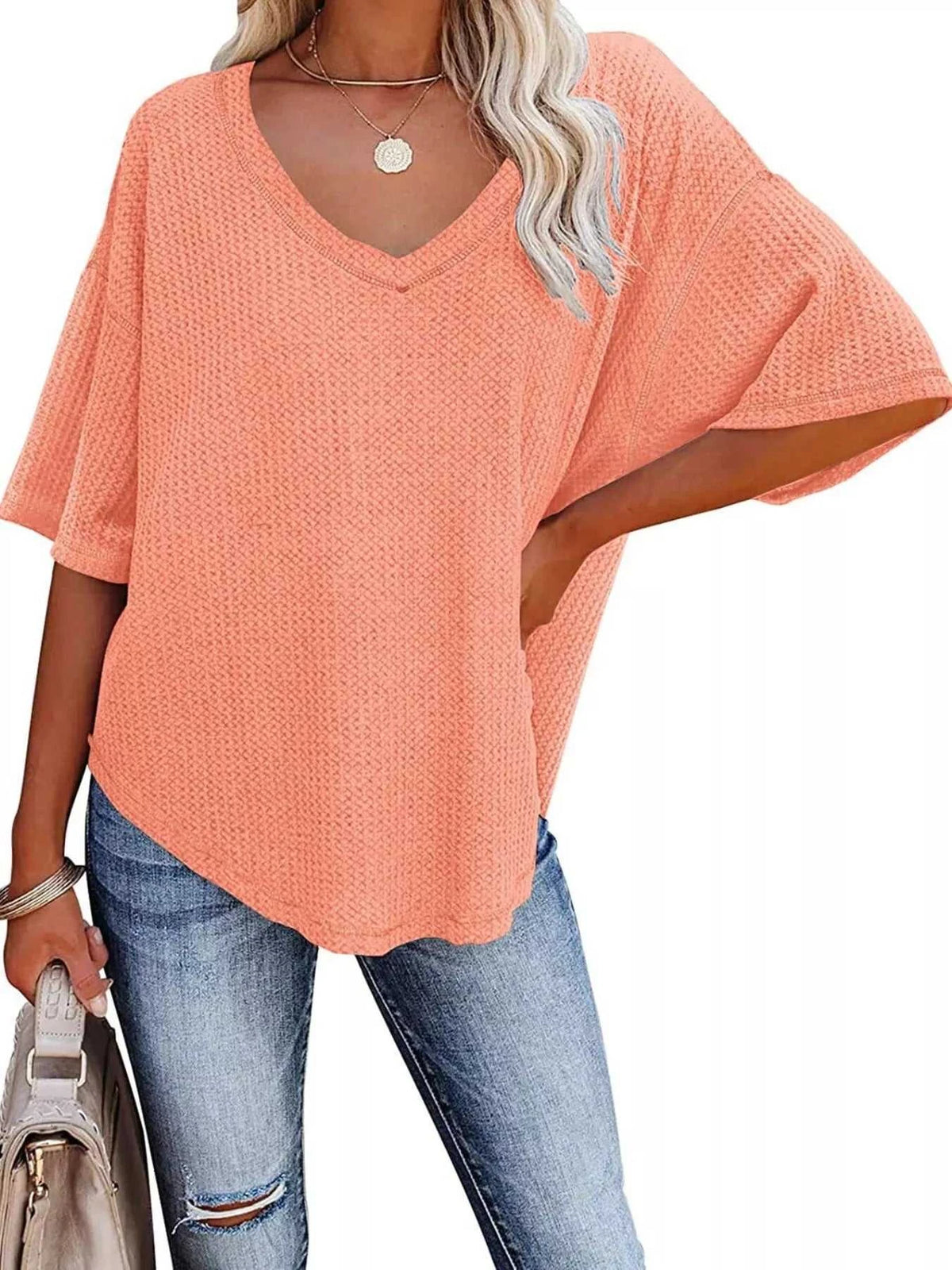 Waffle Knit V-Neck Short Sleeve T-Shirt 100100993990875 26 Affordable Fashion Under $100 Jerry's Apparel 