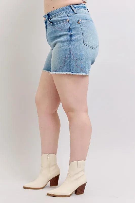 Judy Blue Full Size High Waist Western Embroidery Detail Cut Off Denim Shorts Plus Size