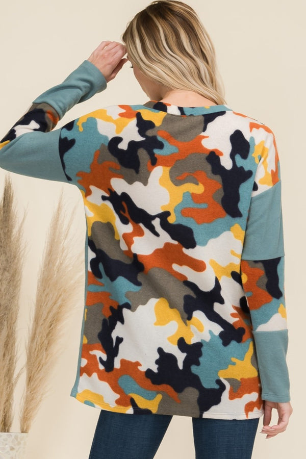 Celeste Full Size Camo Print Contrast Long Sleeve T-Shirt