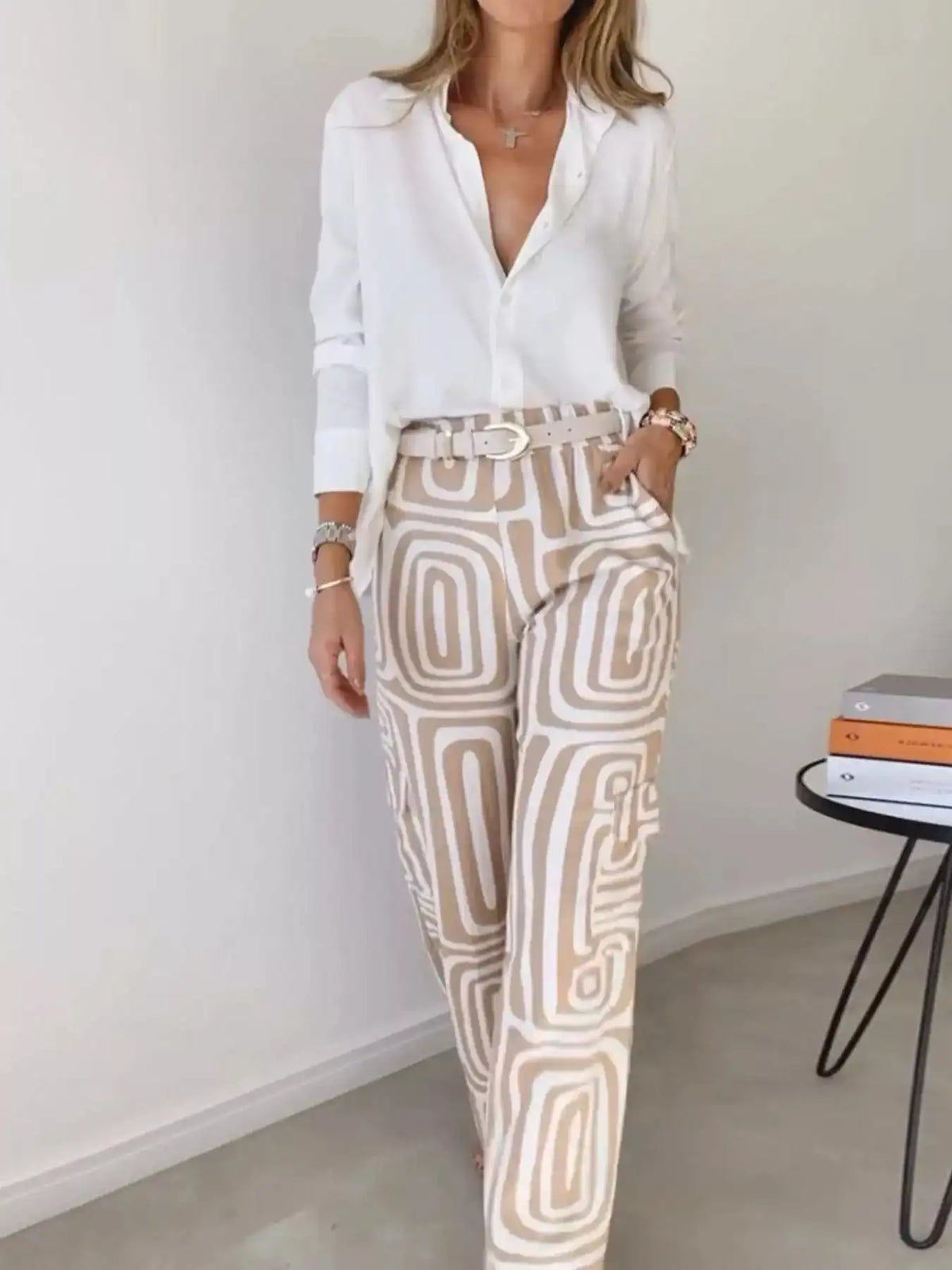 Full Size Chic Button-Down Shirt and Geometric Wide-Leg Pants Set Plus Size 101001328300968 50 Affordable Fashion Under $100 Jerry's Apparel 