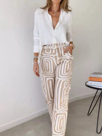 Full Size Chic Button-Down Shirt and Geometric Wide-Leg Pants Set Plus Size 101001328300968 50 Affordable Fashion Under $100 Jerry's Apparel 