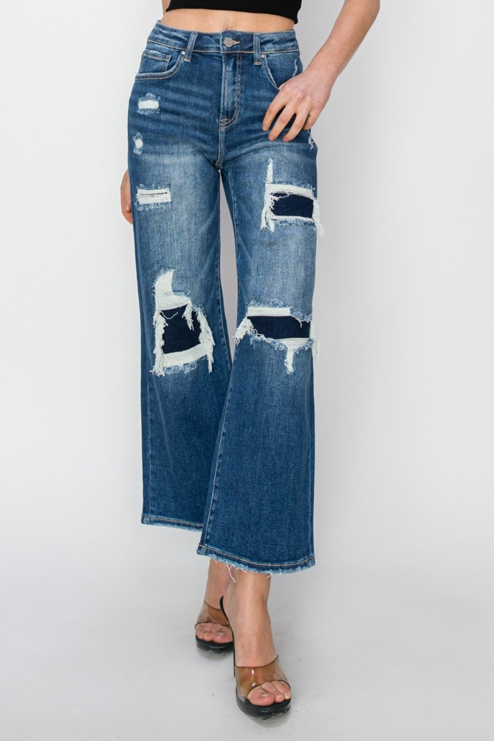 Full Size High Rise Patch Detailed Wide Leg Crop Jeans