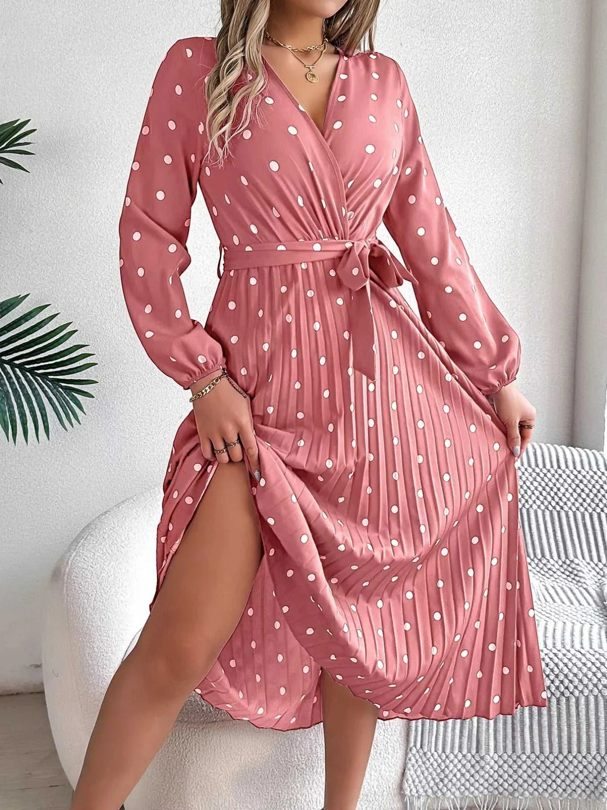 Front Tie Polka Dot Midi Pleated Dress 100100612892124 36 Gifts for Her Jerry's Apparel 