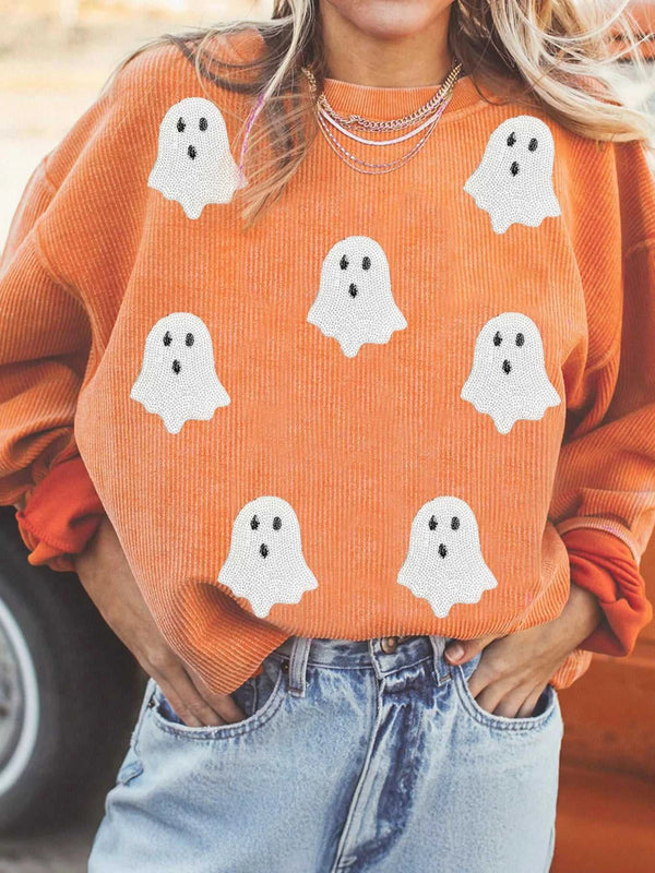Halloween Ghost Sequin Patched Twisted Ribbed Texture Sweatshirt 100100920627528 46 Affordable Fashion Under $100 Jerry's Apparel 