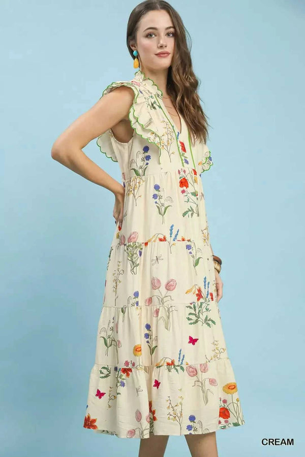 Umgee Floral Ruffle Tiered Midi Dress with Scalloped Detail 100100958541406 64 Affordable Fashion Under $100 Jerry's Apparel 
