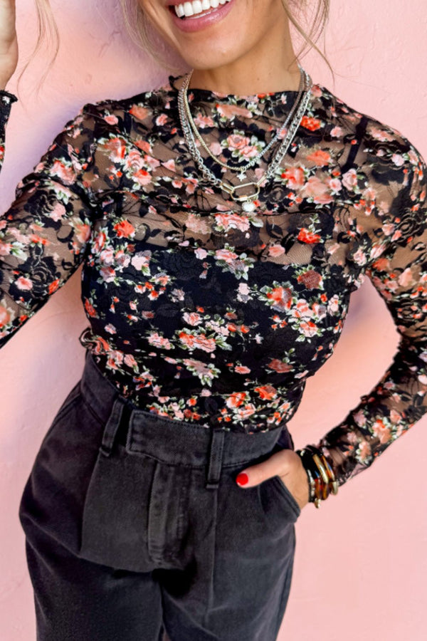 Floral Round Neck Long Sleeve Blouse