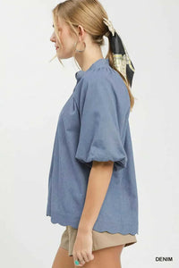 Umgee Chambray Scallop Hem Puff Sleeve Top 100100827681946 55 Affordable Fashion Under $100 Jerry's Apparel 