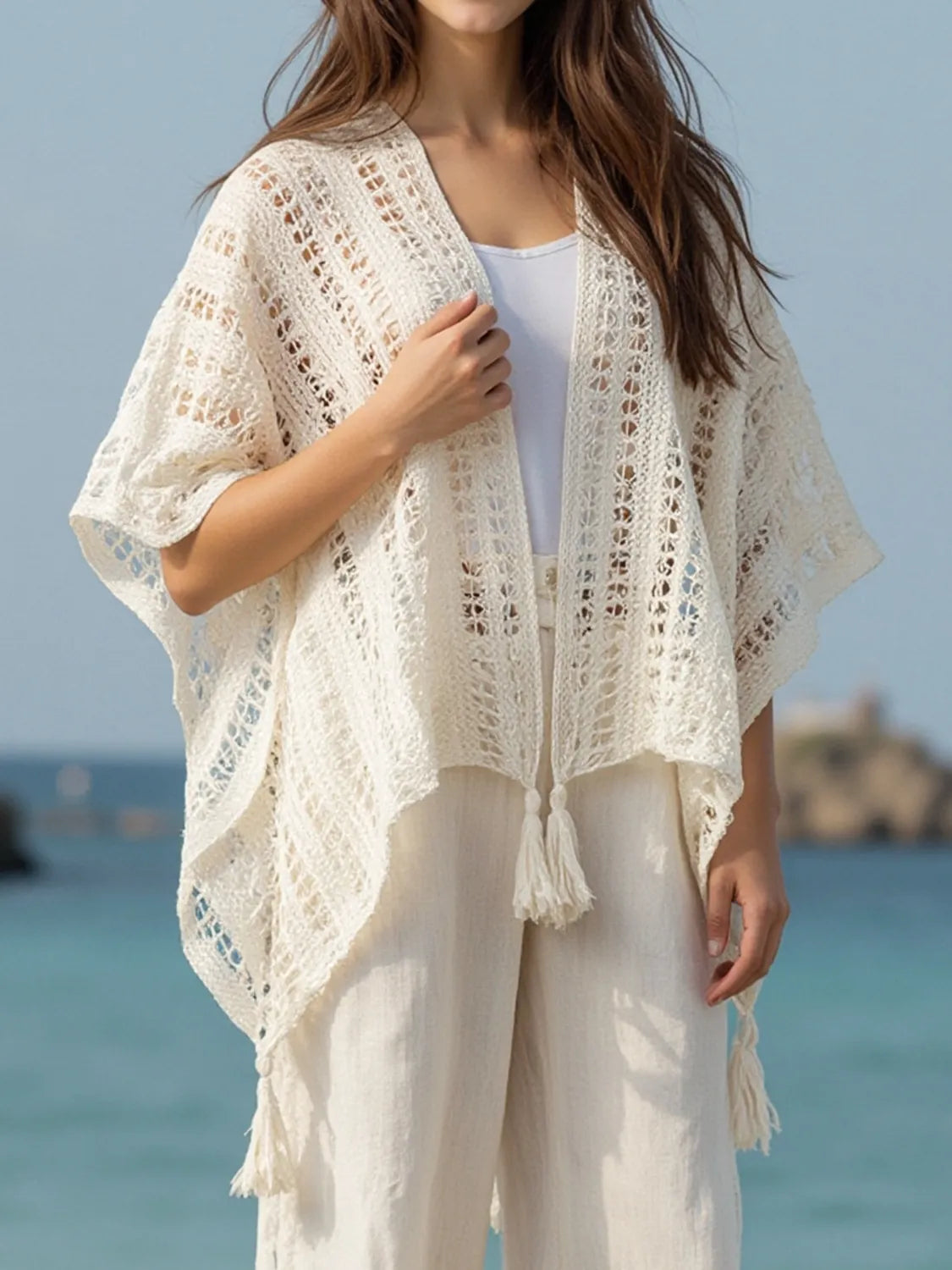 Openwork Tassel Open Front Knit Cover Up