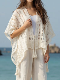 Openwork Tassel Open Front Knit Cover Up