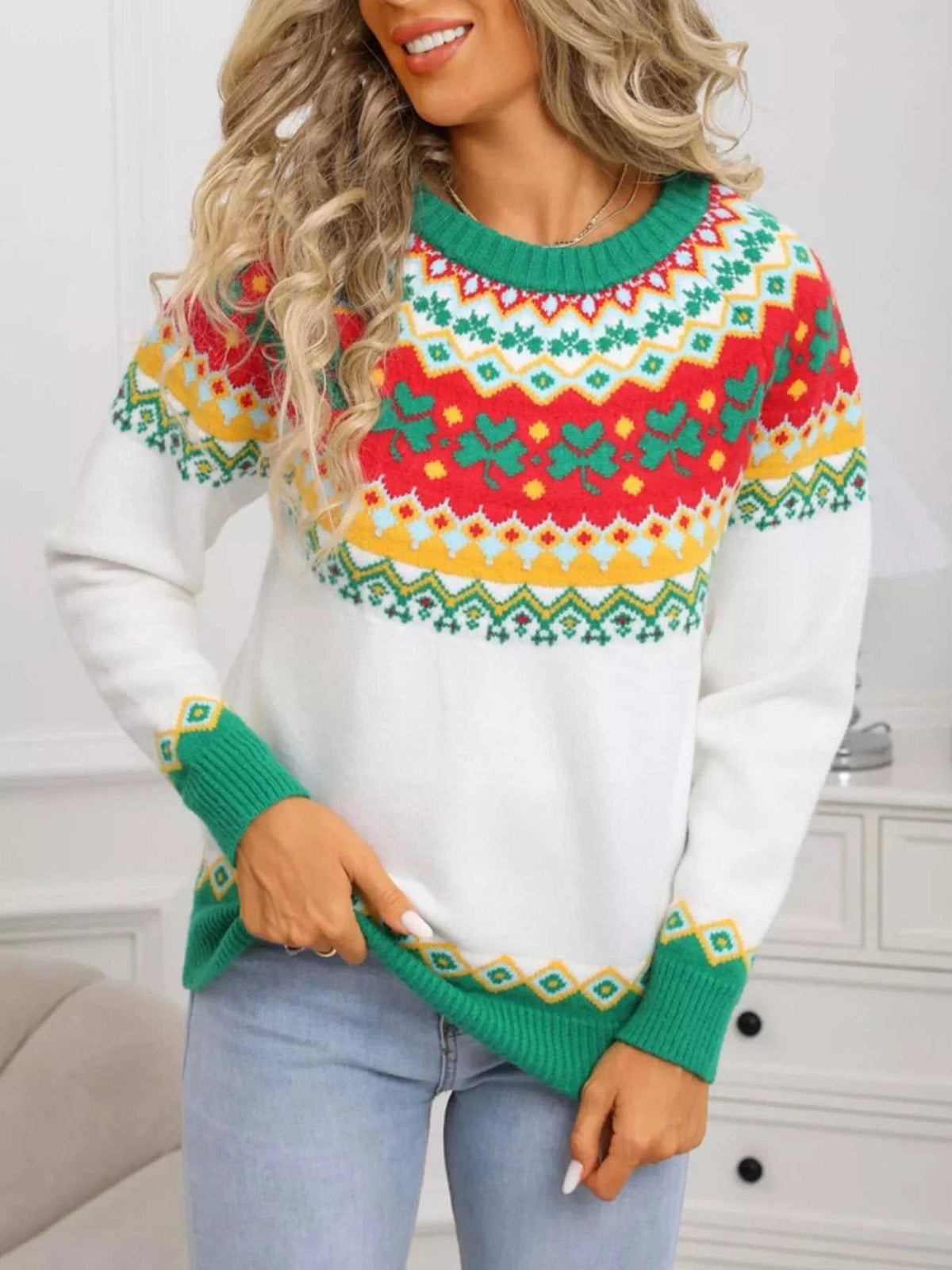 Clover Pattern Round Neck Knitted Sweater 100100324536502 52 Affordable Fashion Under $100 Jerry's Apparel 