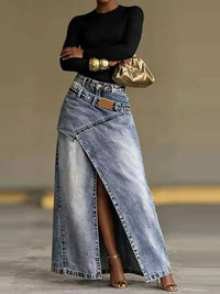 High-Waisted Asymmetric Slit Denim Maxi Skirt 101003372573383 49 Affordable Fashion Under $100 Jerry's Apparel 