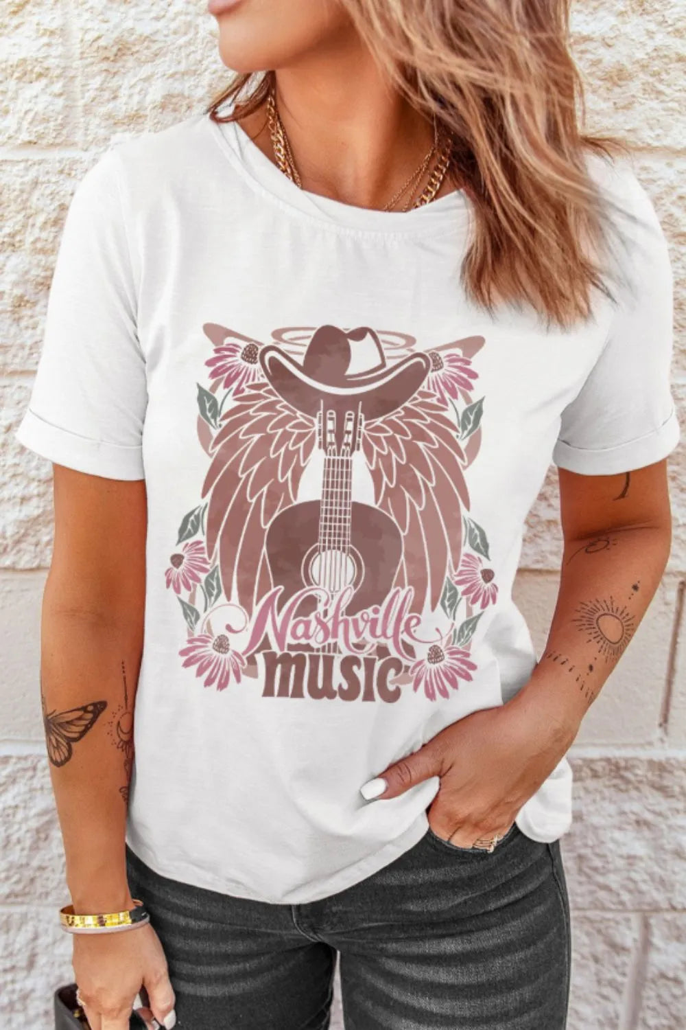 Nashville Music Guitar Wings Graphic Round Neck T-Shirt