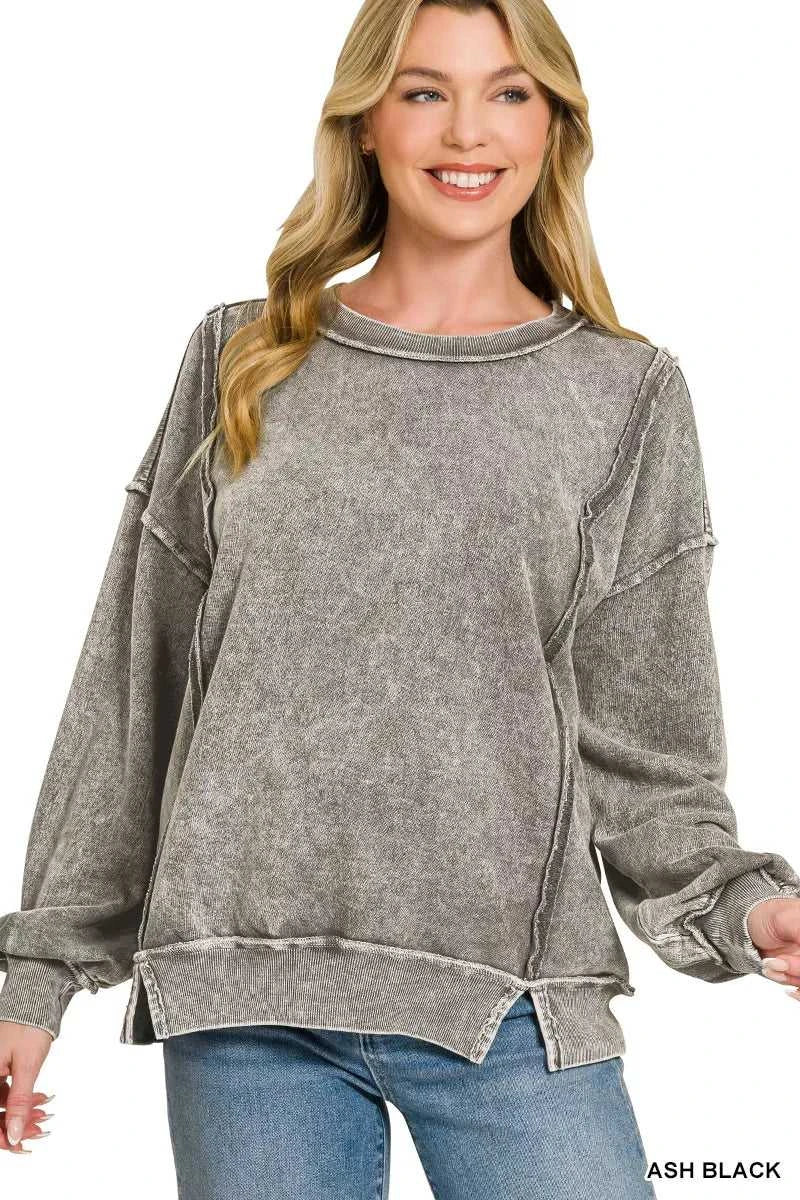 Zenana Snow Washed F/Terry Exposed-Seam Sweatshirt 100100493741659 36 Jerry's Apparel 