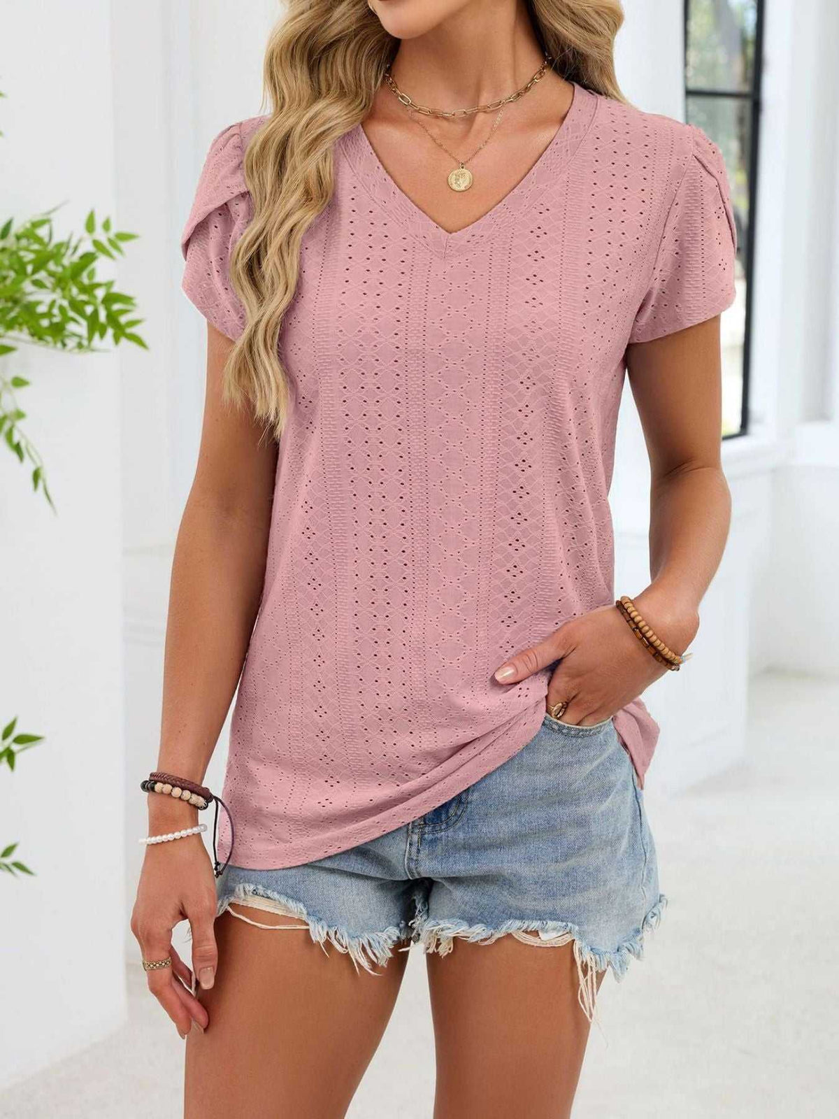 Eyelet Petal Sleeve V-Neck T-Shirt 100100180821182 24 Affordable Fashion Under $100 Jerry's Apparel 