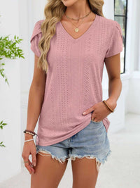 Eyelet Petal Sleeve V-Neck T-Shirt 100100180821182 24 Affordable Fashion Under $100 Jerry's Apparel 