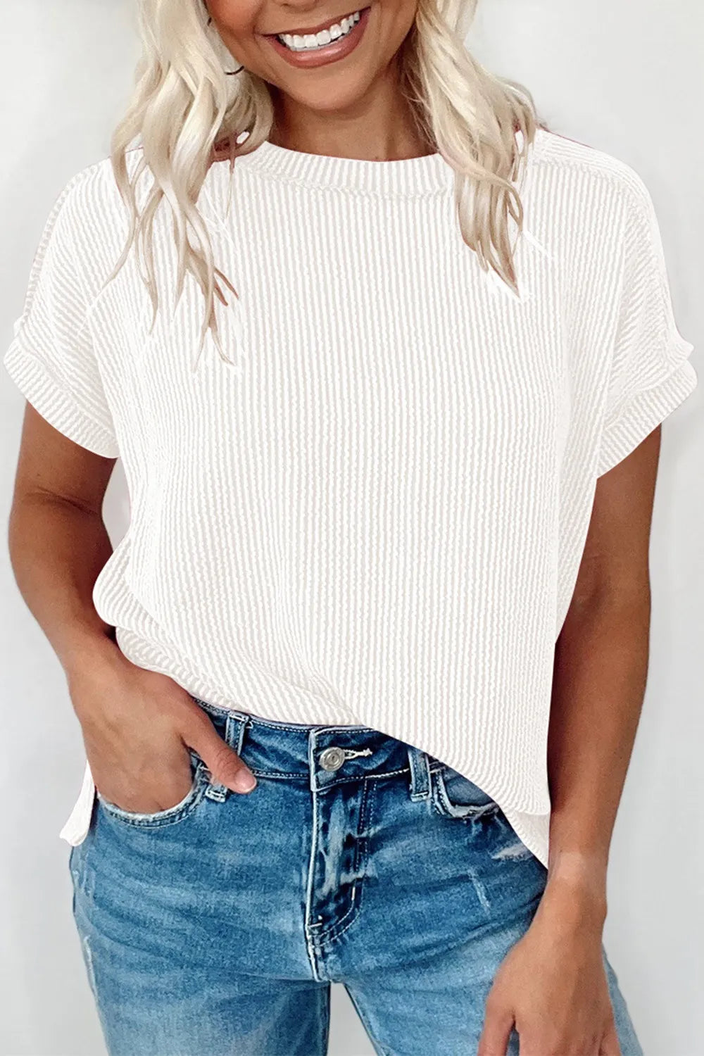 Casual Ribbed Short Sleeve Round Neck T-Shirt