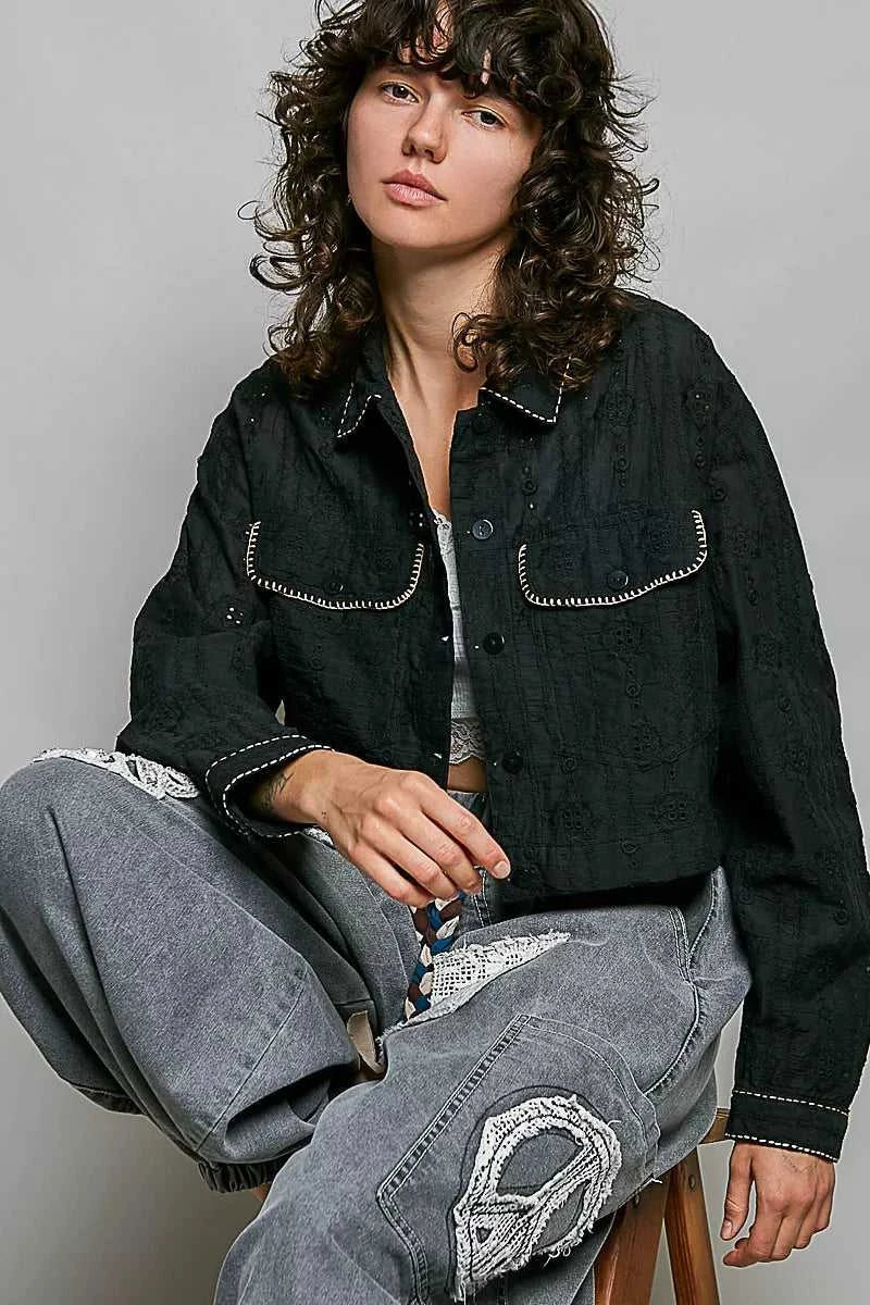 POL Cropped Button-Front Eyelet Cotton Jacket 100100292951676 66 Affordable Fashion Under $100 Jerry's Apparel 
